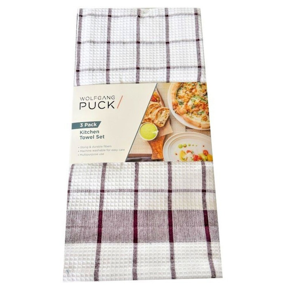 Wolfgang Puck Kitchen Dish Towels Set of 3 Maroon White 100% Cotton Plaid Stripe